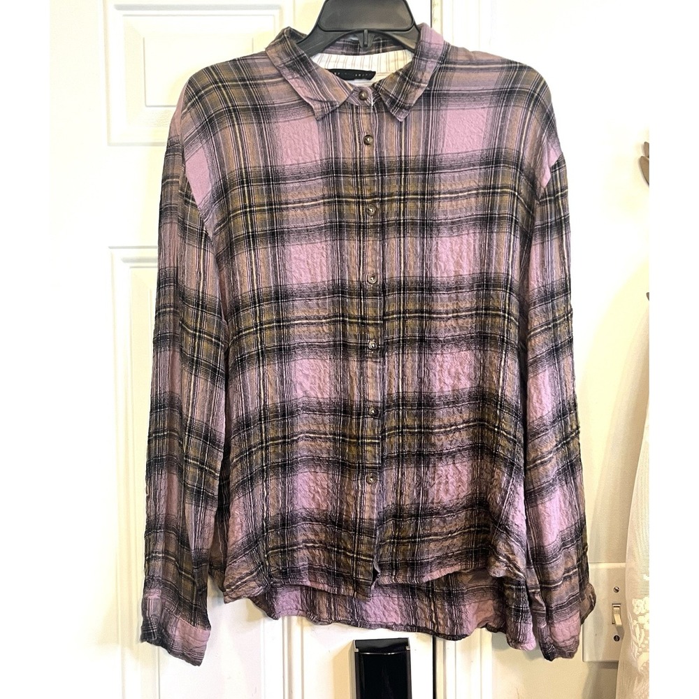 Jane & Delancey Oversized Crinkle Plaid Button Down Shirt Mauve L Outdoorsy